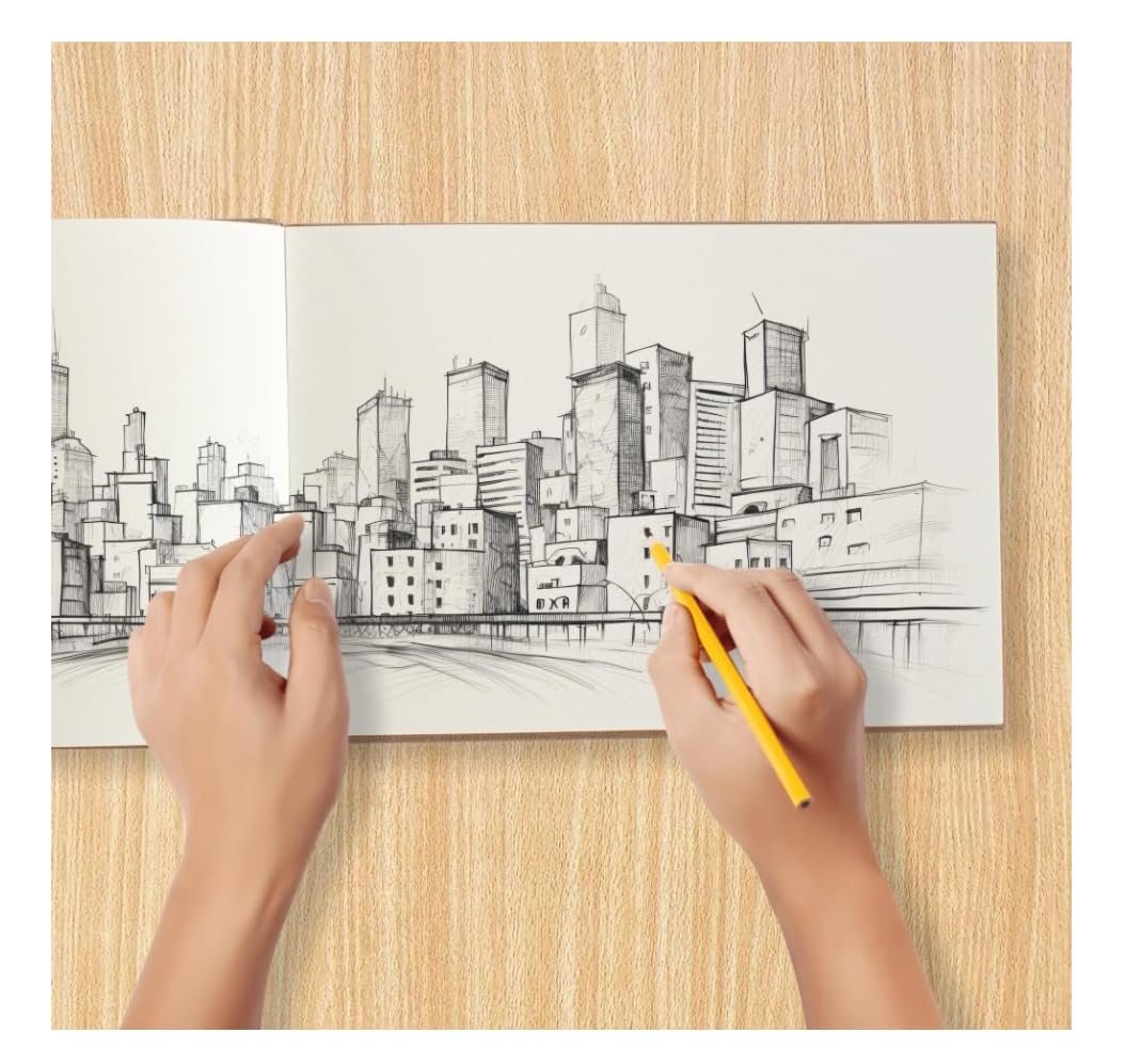 Two hands drawing a city skyline across an open landscape sketchbook on a wooden desk