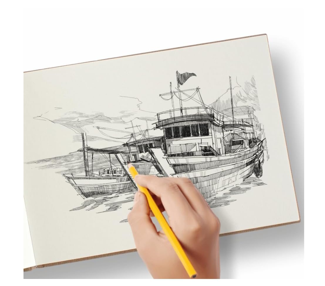 A harbour scene being drawn in pencil across a landscape sketchbook