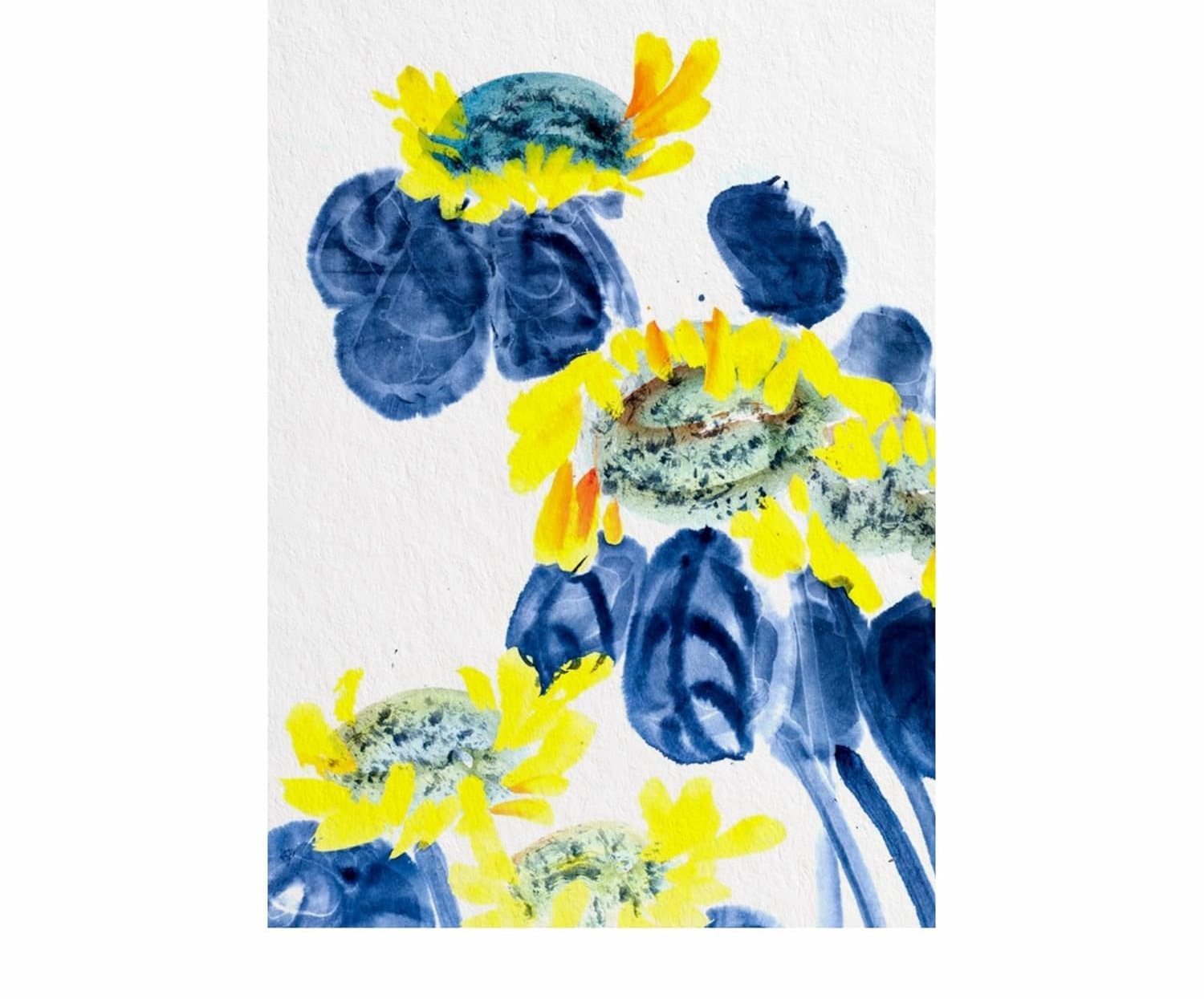 Blue and yellow watercolour flowers painted on cold-pressed paper